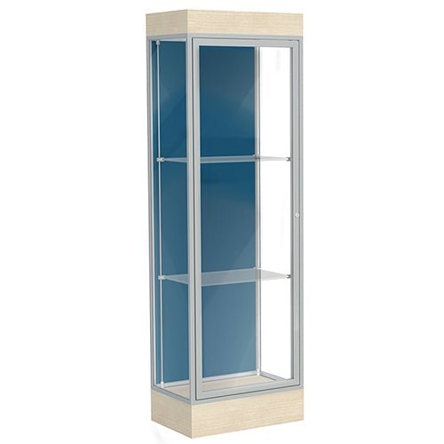 Waddell Edge 91 Lighted Floor Case w/ Blue Steel Back & Satin Natural Frame - 24"W x 76"H x 20"D(Waddell WAD-91LFBS-SN) - SchoolOutlet