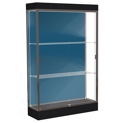 Waddell Edge 92 Lighted Floor Case w/ Blue Steel Back & Satin Natural Frame - 48"W x 76"H x 20"D(Waddell WAD-92LFBS-SN) - SchoolOutlet
